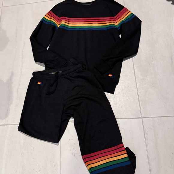 Aviator Nation Retro Crew 6 Stripe Rainbow Stitch Sweatsuit Set Black